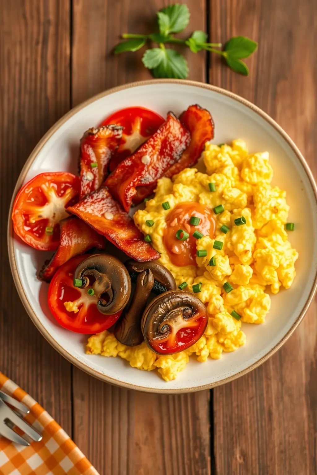 The Golden Harvest - Sizzling sausages and crispy bacon dance in the skillet, while earthy mushrooms and vine-ripened tomatoes join the feast. Each ingredient sings in harmony, creating a savory symphony that lays the foundation for your breakfast triumph.