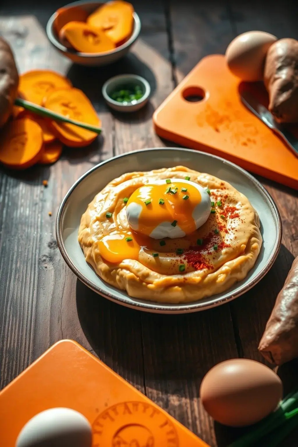 The Velvet Sunrise: Poached Eggs on a Sweet Potato Cloud - This isn’t just a poached egg; it’s a fluffy, sweet potato pillow ready to cradle your runny yolk dreams. A sprinkle of smoked paprika takes it from ordinary to ‘I’m too fancy for a diner.’