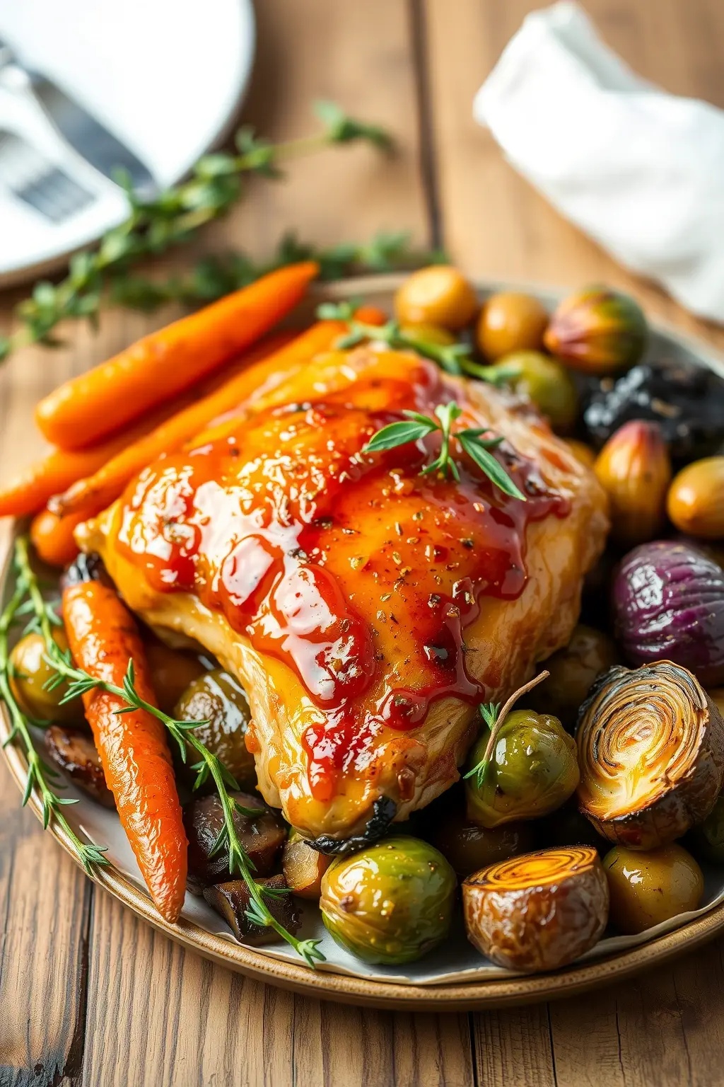 Rustic Thyme & Honey Glazed Chicken - Tender chicken kissed by the sun, ensconced in a fragrant cloak of thyme and sweet honey, emerges from the oven like a warm embrace on a chilly evening. This dish marries the earthy notes of thyme with the golden richness of honey, crafting a melody of flavors that beckon the heart.