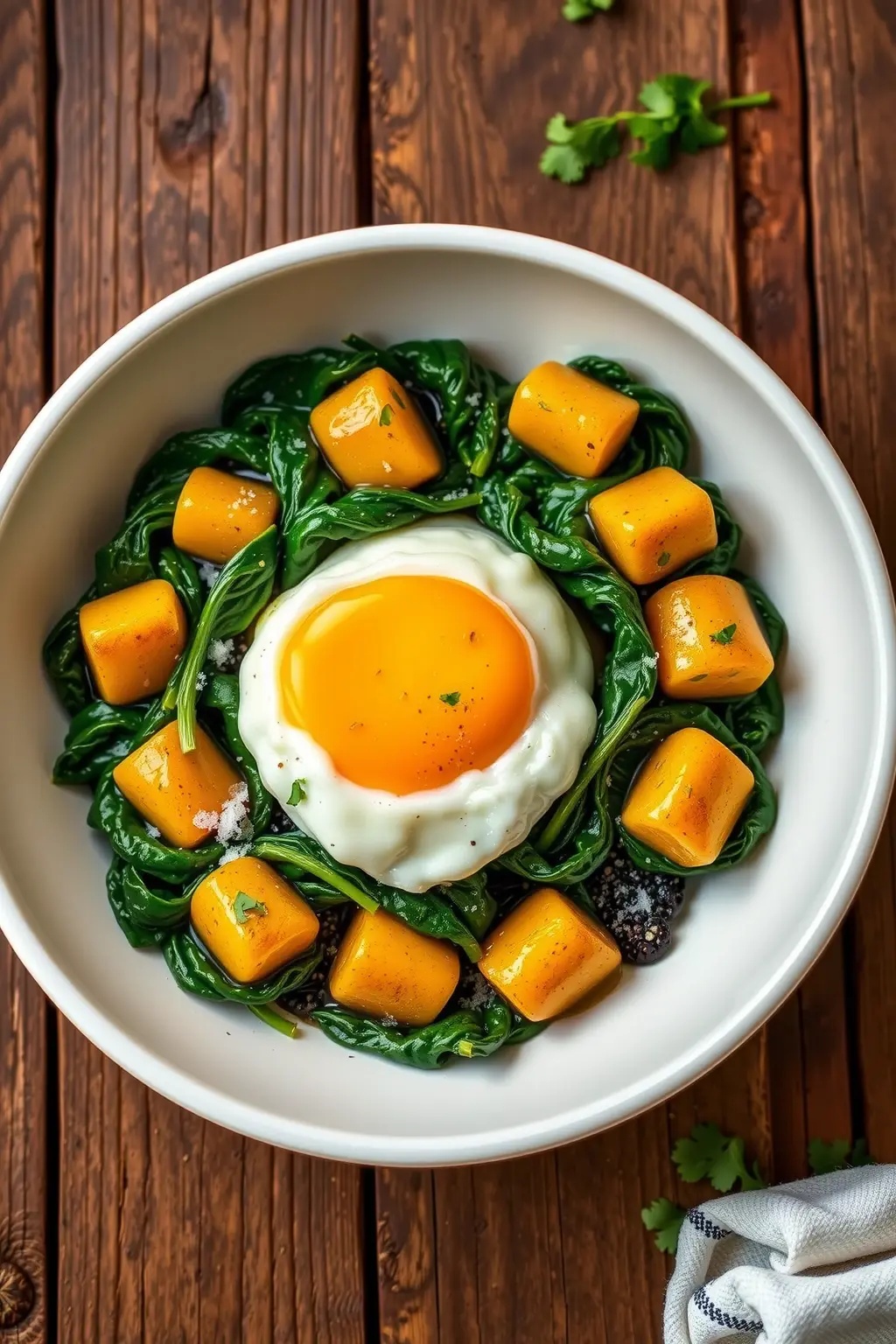 Savory Embrace: Poached Eggs with Spinach and Garlic Confit - Imagine a warm hug from your favorite Italian grandmother, but instead of arms, it’s a bed of wilted spinach and buttery garlic confit. Poached eggs just found their soulmate, and it’s savory, folks.