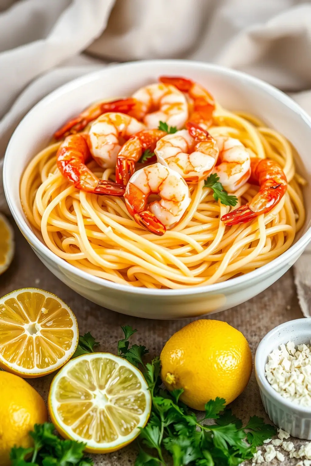Silken Angel Hair Embrace - Angel hair pasta, perfectly al dente, drizzled with a delicate olive oil and herb infusion, designed to cradle the shrimp in a silky embrace that elevates every bite.