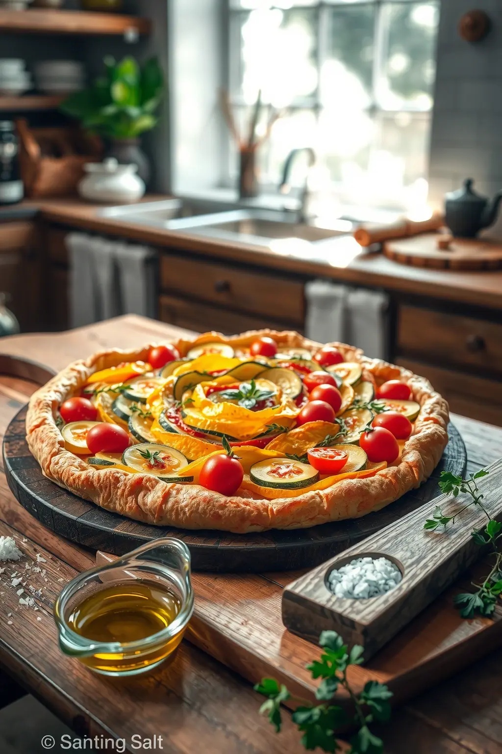Starry Night Vegetable Tart - A canvas of flaky pastry adorned with a constellation of garden-fresh vegetables, this tart celebrates the vibrant hues of nature's bounty. Each bite is a journey through fields of flavor, where soft cheeses and herbs weave a tapestry of delight, inviting laughter and conversation at every slice.