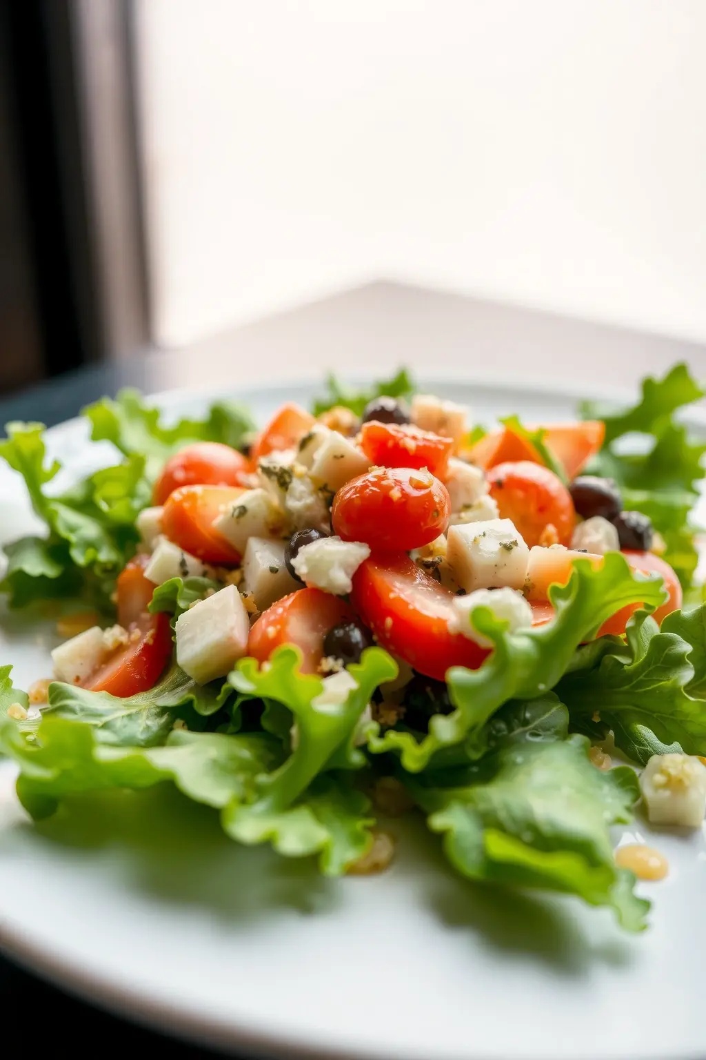Aegean Whispers Salad - A refreshing mix of crisp cucumbers, ripe tomatoes, and fragrant herbs, adorned with briny olives and luscious feta, evoking the gentle breeze of a Greek twilight.
