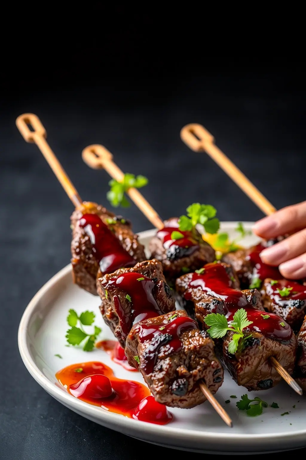 Dusk-Kissed Beef Skewers with Pomegranate Glaze - Succulent lean beef skewers marinated in a vibrant mix of spices and kissed by the warmth of the grill, drizzled with a luscious pomegranate glaze that adds a sweet yet tangy touch. This dish captures the essence of a summer evening, offering a feast both for the eyes and the taste buds.
