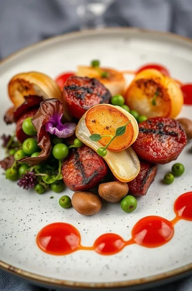 Frankenstein&rsquo;s Garden Medley - An artful assembly of charred Brussels sprouts, bright green apples, and toasted pecans, dressed in a wickedly sweet maple vinaigrette. Each bite is a crisp rebellion against the mundane, resurrecting flavors from the grave.