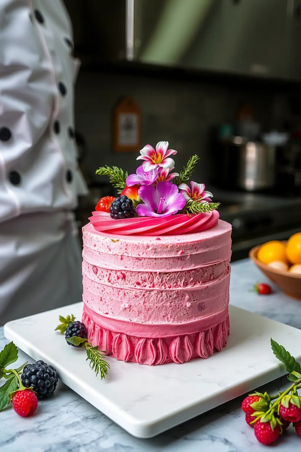 Garden Reverie Layer Cake - Chocolate meets floral sophistication in this luscious layer cake, featuring layers of rich dark chocolate and raspberry, embellished with vibrant pressed nasturtiums—a dreamy escape in every bite.