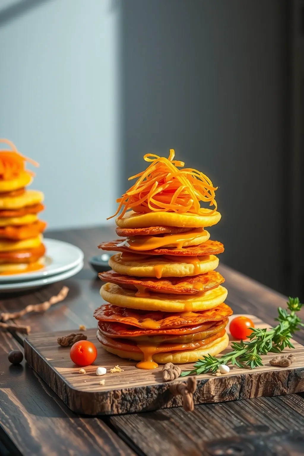 Golden Harvest Stacks - Golden-brown pancakes infused with the essence of autumn, crowned with a vibrant medley of fresh fruits, each bite sweetened by a generous pouring of maple syrup that beckons you to savor the season.