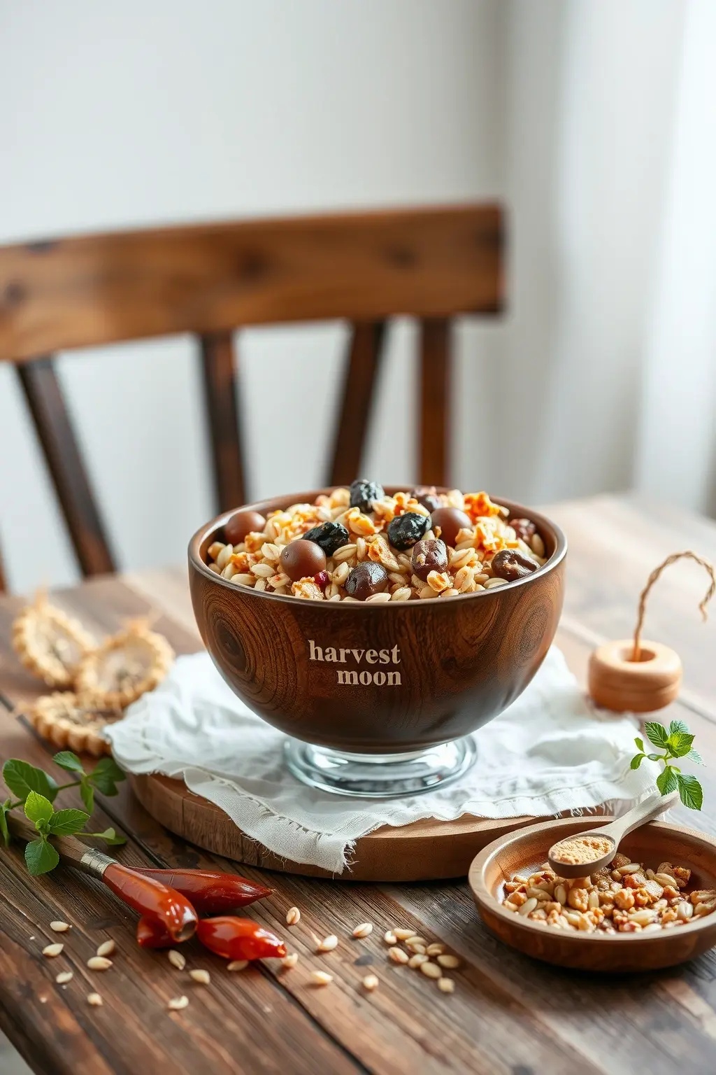 Harvest Moon Grain Bowl - A symphony of farro, roasted butternut squash, and dried cranberries, drizzled with a warm cinnamon-ginger vinaigrette. Each mouthful captures the essence of a cozy autumn evening spent beneath a starlit sky.
