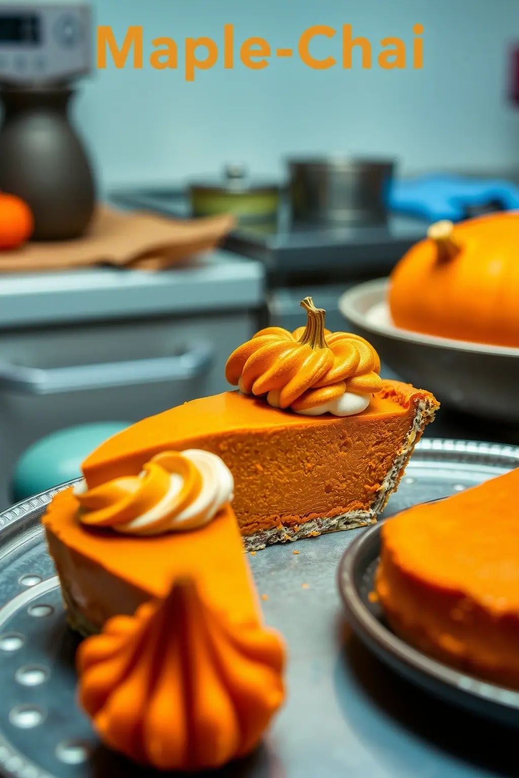 Maple-Chai Pumpkin Bliss Pie - Infused with aromatic chai spices and a drizzle of maple syrup, this pie whispers warmth and sweetness, wrapped in a buttery, flaky crust that sings of home-baked love.