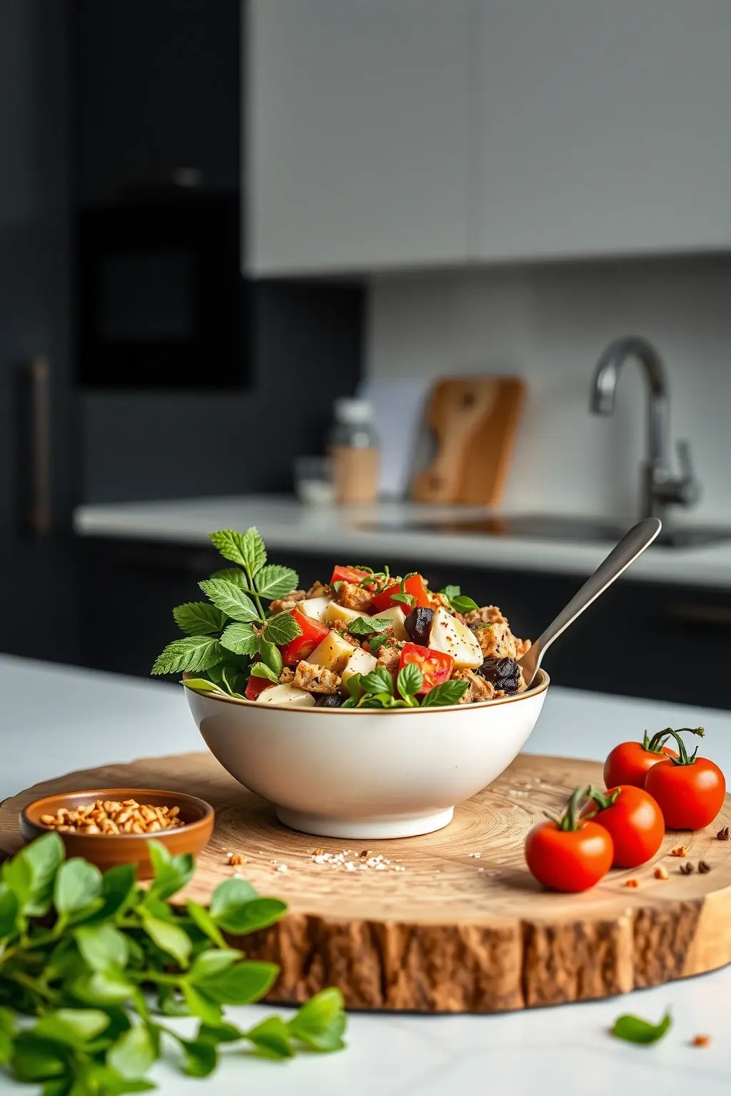 Mediterranean Daydream Bowl - A vibrant tapestry of couscous mingling with sun-ripened cherry tomatoes, briny olives, and aromatic herbs, topped with a dollop of creamy feta that melts softly into the warmth. Each bite is a sun-soaked afternoon by the sea, a dream that lingers long after the last forkful.