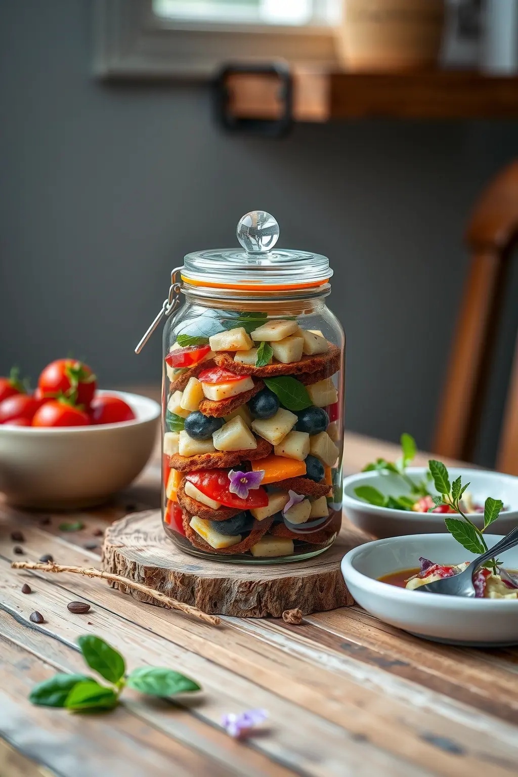 Mediterranean Dream Jar - Layers of chickpeas, roasted red peppers, tangy feta, and a drizzle of balsamic glaze transport you straight to a sunlit terrace overlooking the sea.