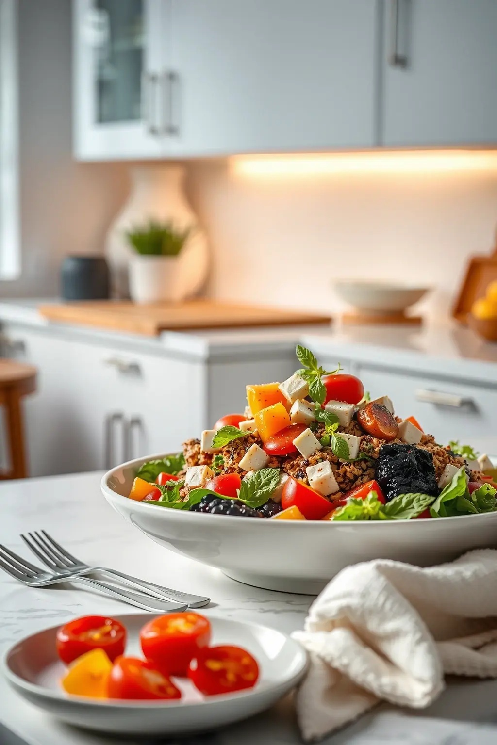 Mediterranean Embrace Salad - A vibrant blend of quinoa, chickpeas, and grilled veggies, all kissed by a zesty lemon-tahini dressing. This salad is like a sun-drenched afternoon, inviting you to savor the flavors of shared laughter and timeless traditions.