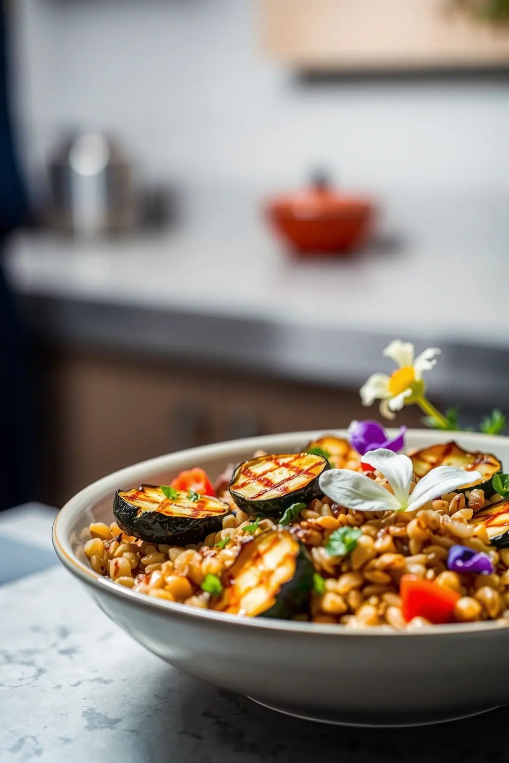 Mediterranean Serenade: Farro Bowl with Grilled Zucchini and Blossoms - A sun-drenched assembly of chewy farro, lightly charred zucchini, and vibrant cherry tomatoes, finished with a drizzle of basil-infused olive oil and crowned with edible nasturtium flowers, inviting a taste of summer year-round.