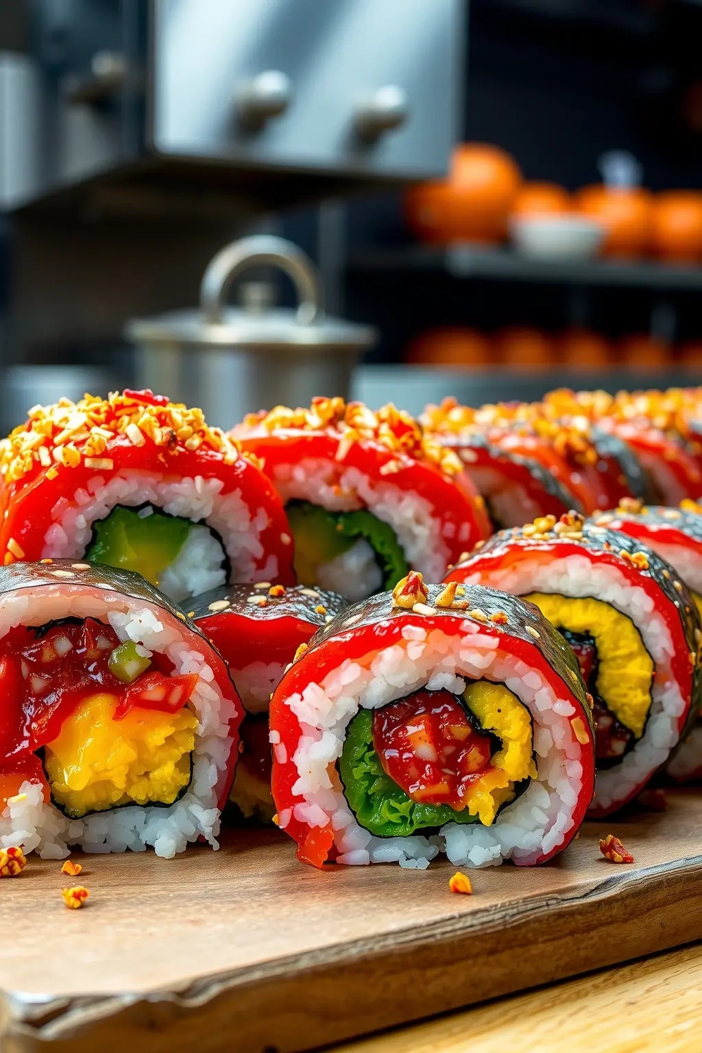 Rainbow Sushi Rolls - Vibrant rice paper wraps filled with seasonal veggies and a hint of mint, served with a tangy, homemade sesame dipping sauce that brings tradition into the present.