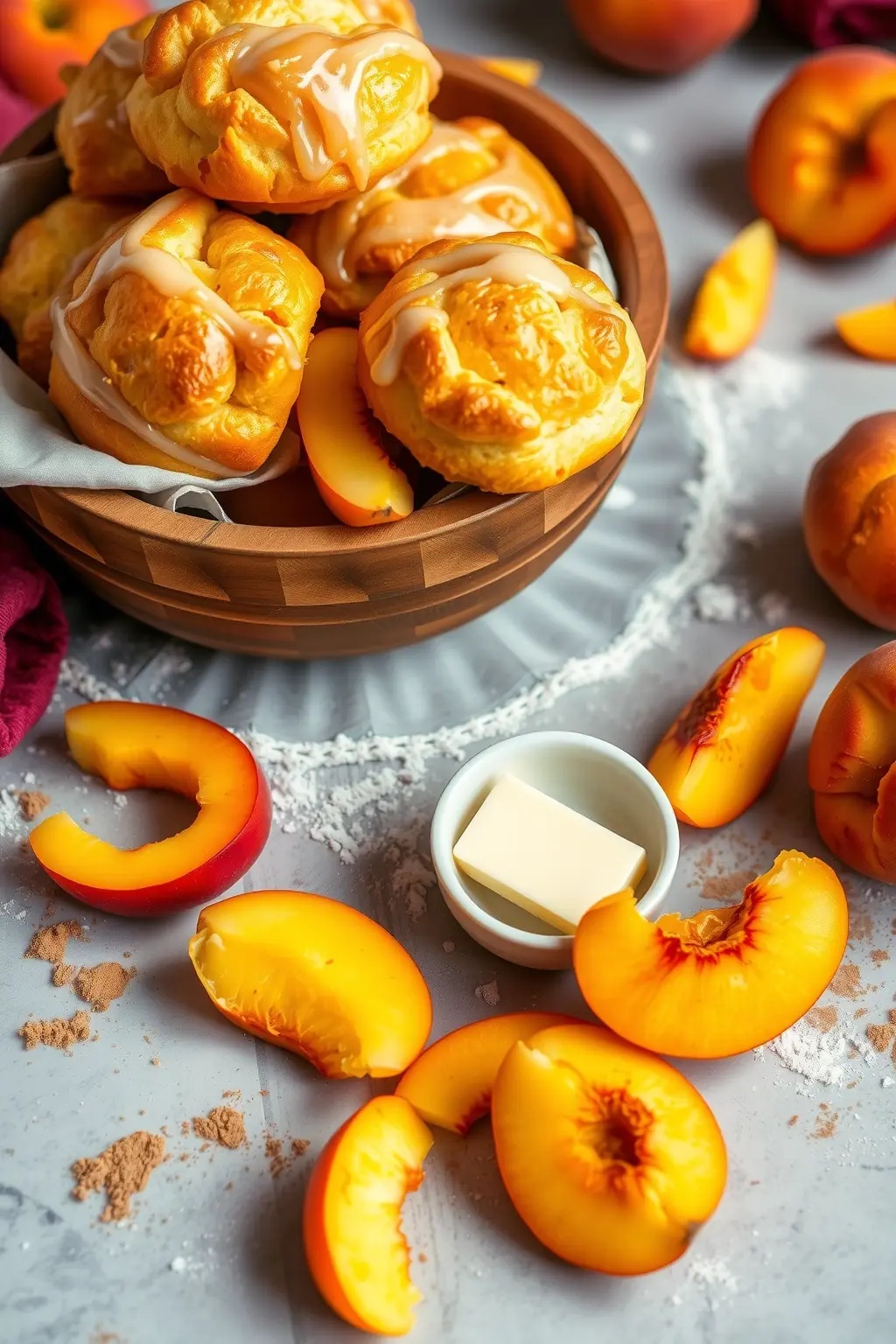 Sunshine Peach Pie Cruffins - These cruffins boast layers of golden pastry cradling spiced peach filling, each bite bursting with summer flavor and a hint of cinnamon warmth.
