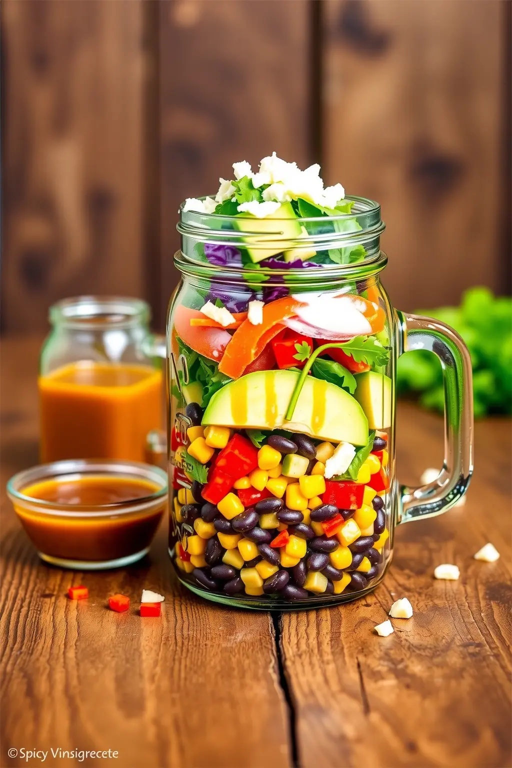 Spicy Southwest Fiesta - A bold medley featuring roasted corn, black beans, and zesty bell peppers, layered with crunchy romaine and creamy avocado. Topped with a hint of chipotle-lime dressing, this salad brings the fiesta straight to your lunch table.