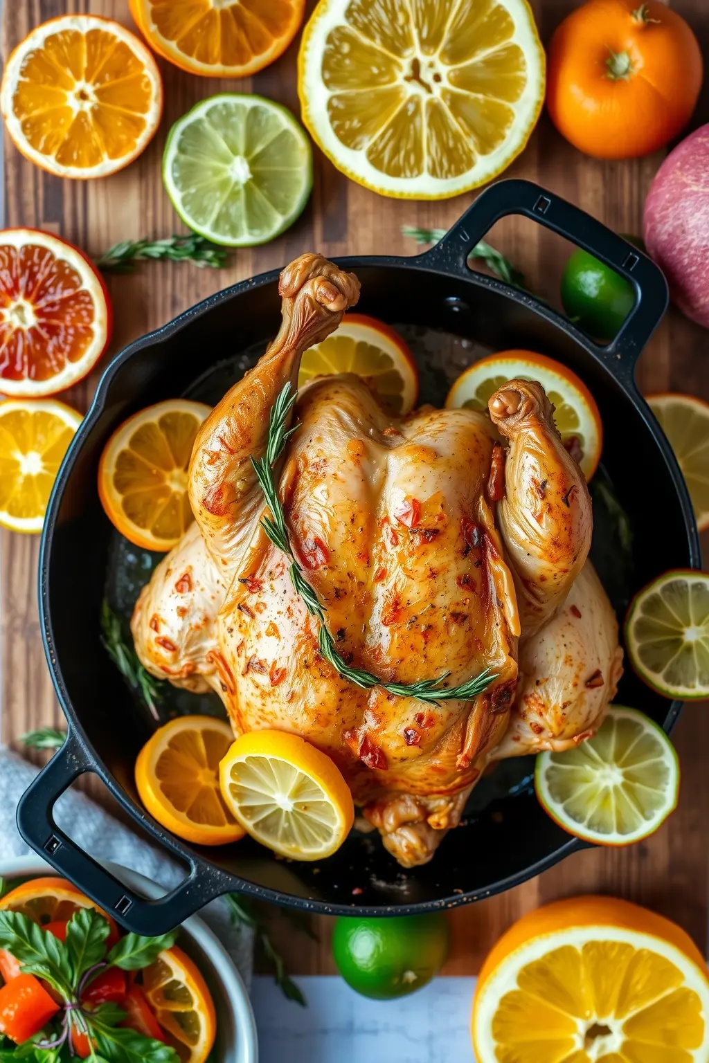 Citrus & Herb Chicken Serenade - Juicy chicken thighs bathed in a zesty chorus of citrus and aromatic herbs, resting on a canvas of roasted root vegetables. A dish that sings of harmony, balancing tang and sweetness, with a hint of nostalgia in each tender bite.