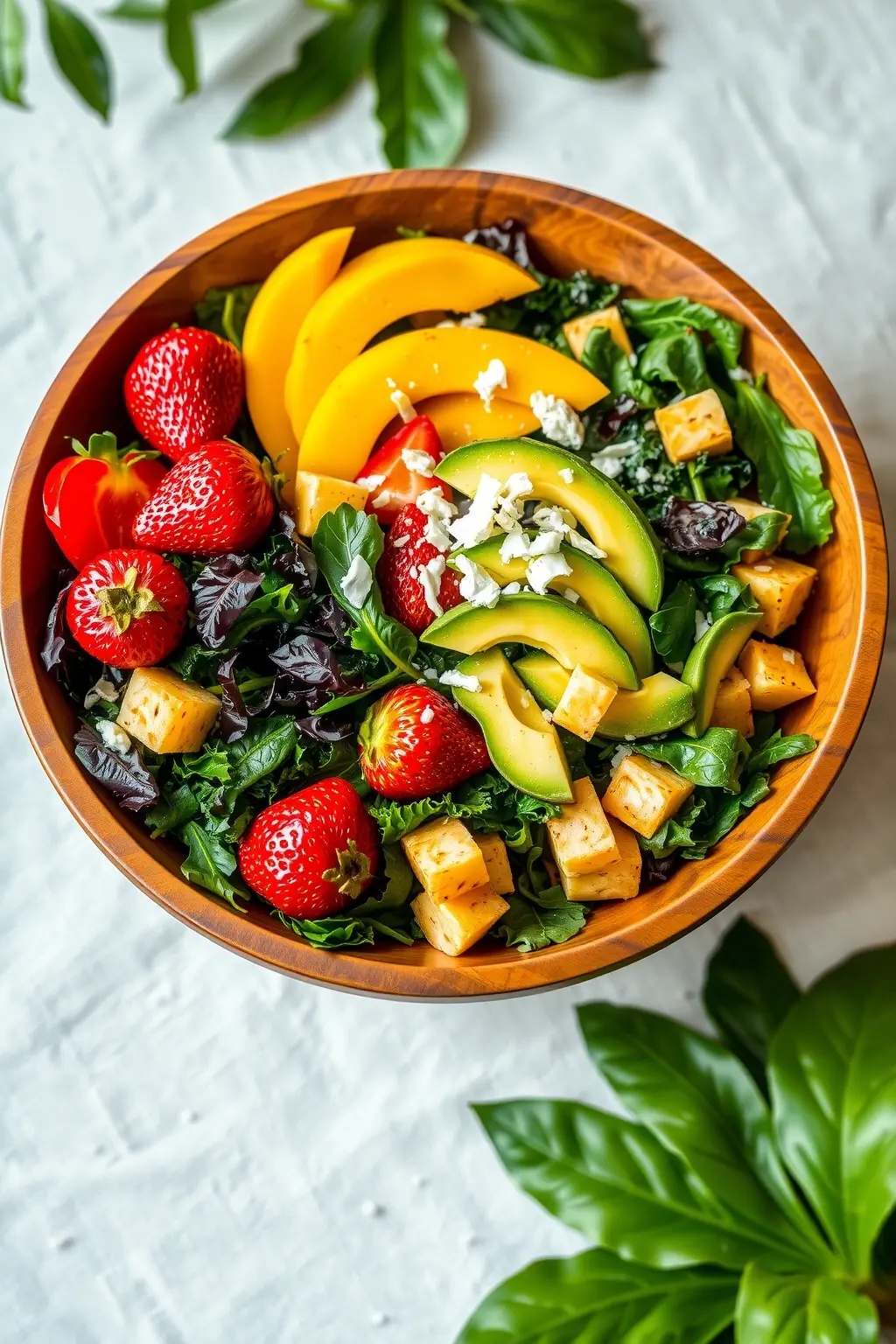 Tropical Tango Bowl - A zesty whirl of watermelon, avocado, and mango, harmoniously tossed with lime juice and a sprinkle of chili. This salad dances on your palate, bringing a fiesta of flavors that feel like a beach vacation on a plate. You won't just want to eat it; you'll want to salsa with it!