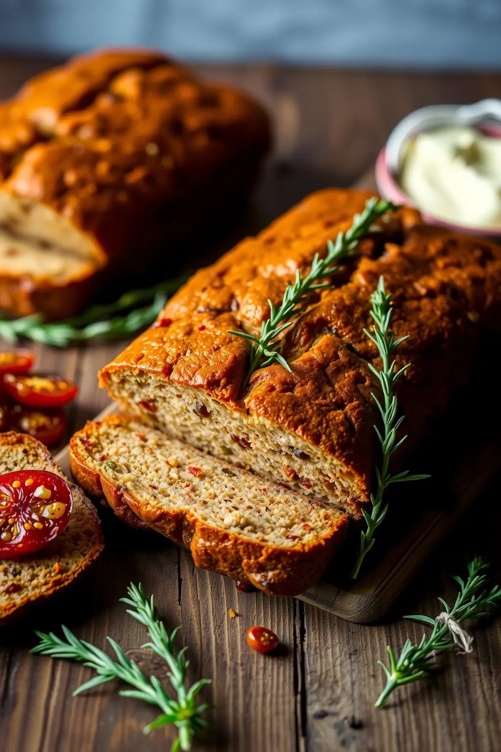 Rustic Sun-Dried Tomato & Rosemary Loaf - This loaf marries the sweetness of sun-dried tomatoes with the earthy notes of rosemary, resulting in a bread that is as versatile as it is aromatic. Perfect for pairing with cheese or savoring solo, this creation offers a taste of the Mediterranean in every slice.
