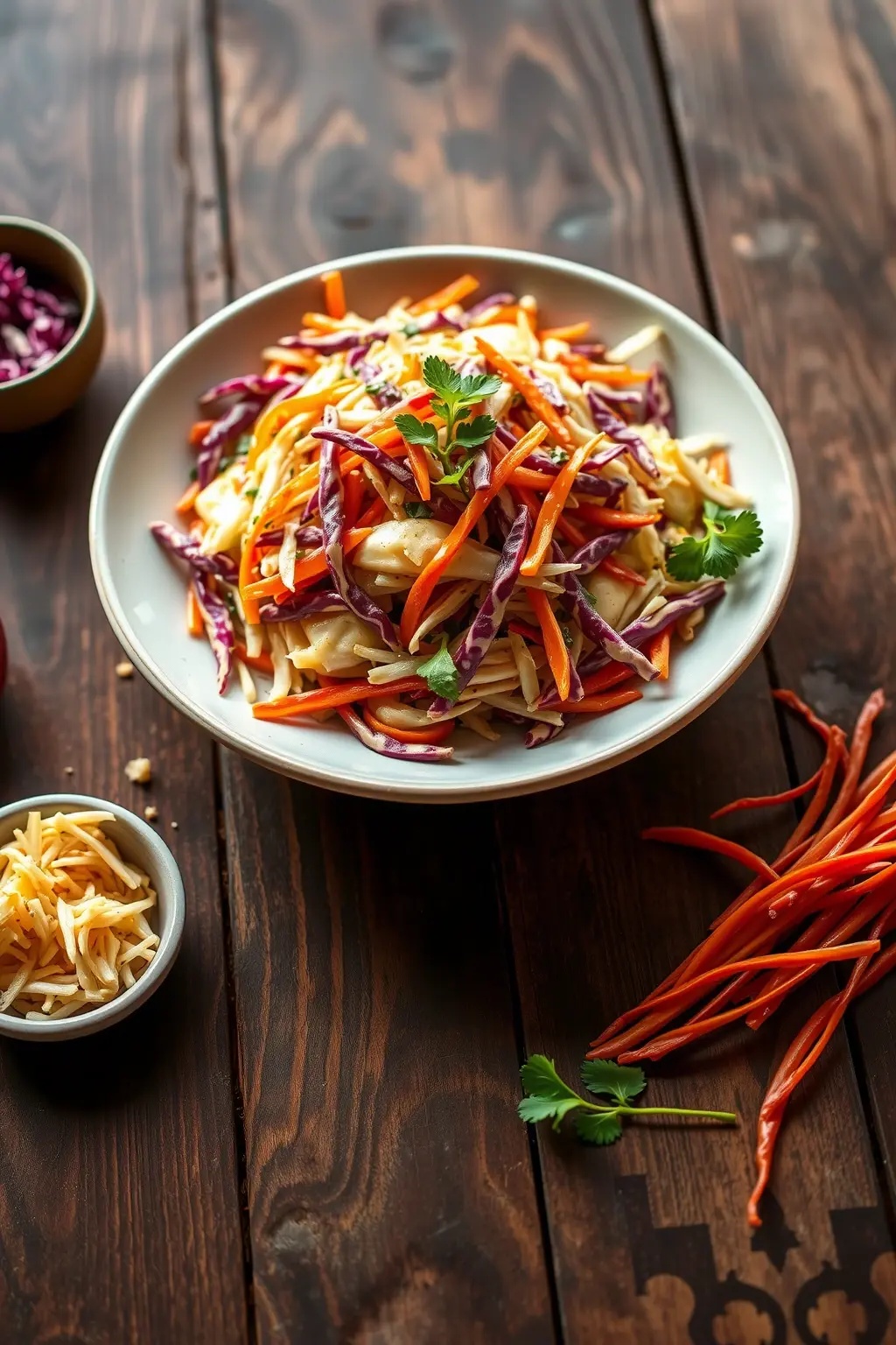 The Elegance of Slaw: Crunchy Family Affair - A vibrant, zesty slaw that stands as the perfect partner to your pulled pork&mdash;brightening the plate with colors and crunch. Think of it as the lively cousin who brings the fun to family gatherings, balancing the richness of the meat with a tang that keeps everyone coming back for more.