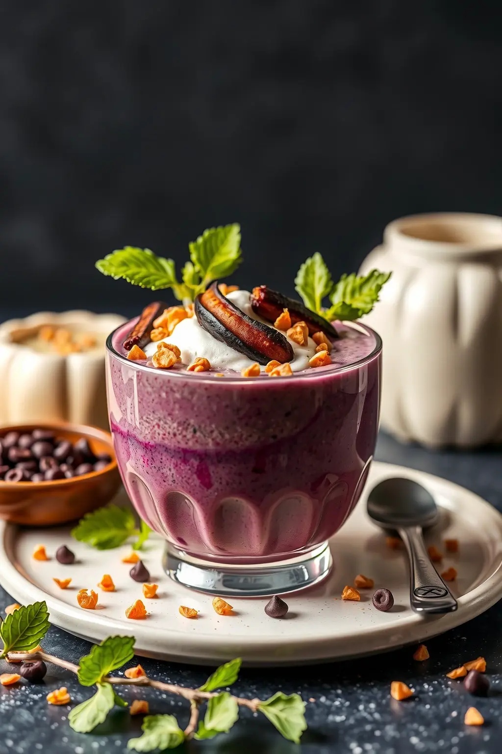Witch&rsquo;s Brew Smoothie Bowl - A vibrant blend of spinach, banana, and almond milk creates a lush green potion, artfully topped with edible flowers, crunchy granola, and seeds that resemble twinkling stars in the night sky. It&rsquo;s a nourishing spell that enchants both the eyes and the palate.