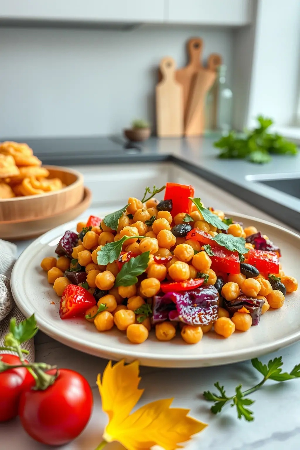 Chickpea Tango with Autumn Vegetables - A lively celebration of textures and tastes, this chickpea tango sways between roasted autumn vegetables and a zesty tahini dressing, crafting a symphony of hearty goodness that warms not just the belly but the soul.