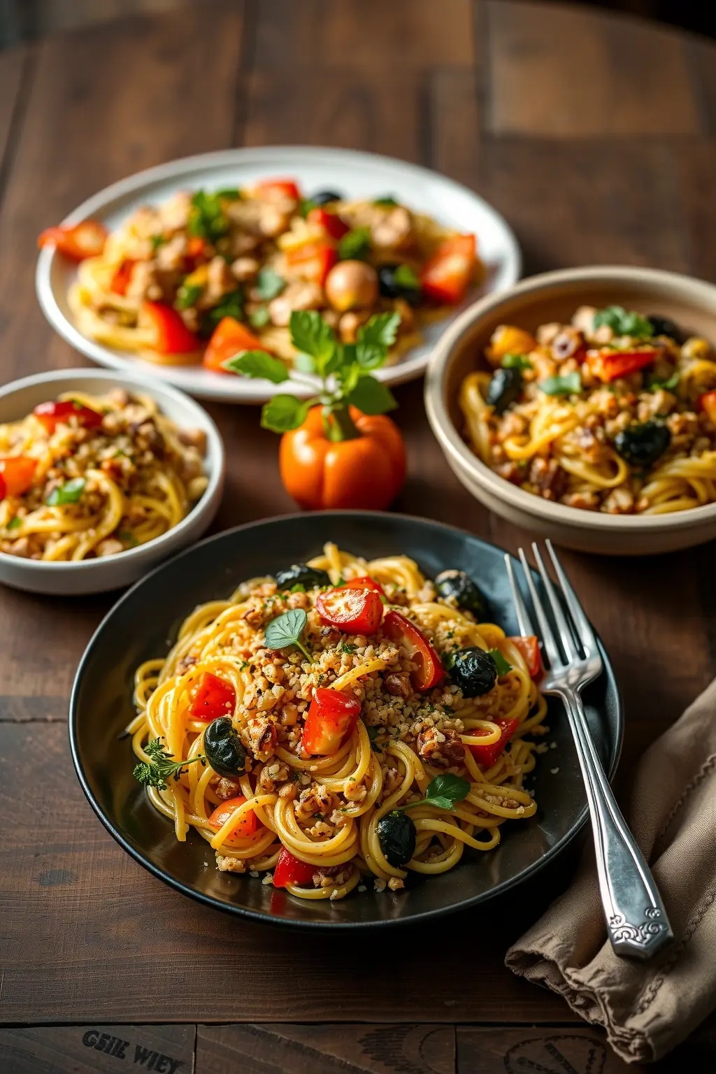 Roasted Vegetable & Quinoa Fusilli - A hearty yet light option featuring fusilli tossed with roasted seasonal vegetables and protein-rich quinoa, finished with a drizzle of balsamic reduction for a touch of sweetness.