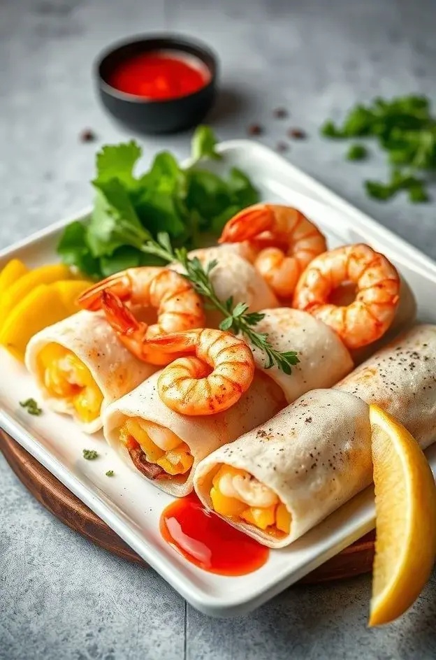 Savory Shrimp & Mango Rolls - A perfect balance of sweet and savory, these rolls combine succulent shrimp, ripe mango, and a splash of lime, wrapped in rice paper for a taste of the tropics.
